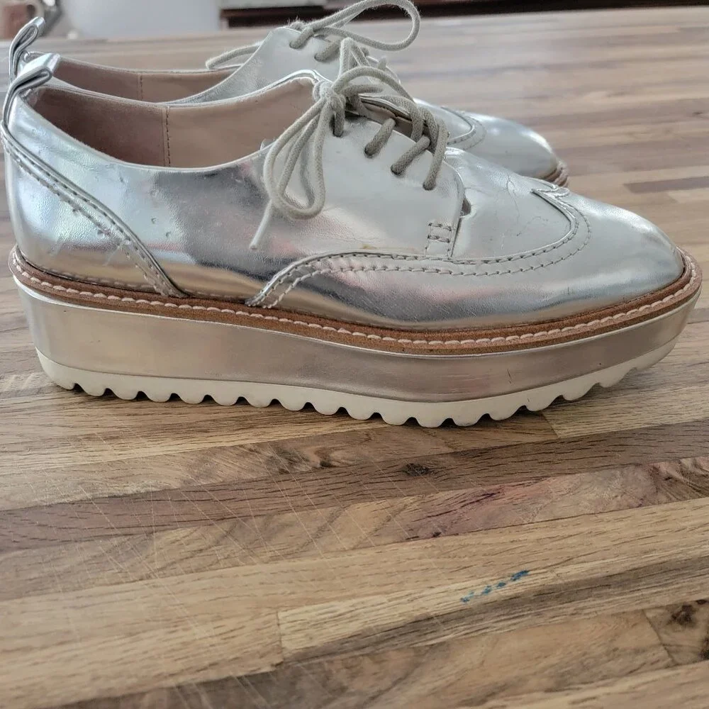Zara Basic Platform Metallic Silver Mirror Oxfor Brogues Lace Up Shoes
